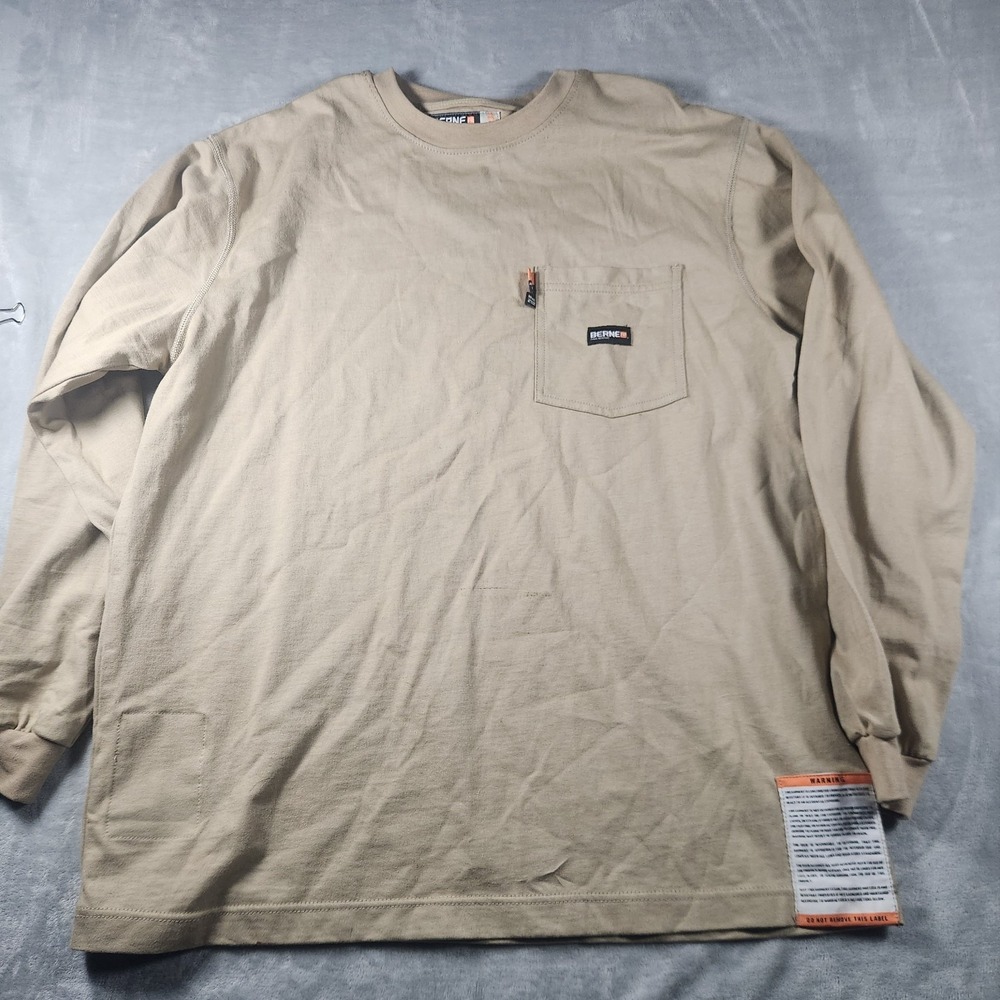 Berne Men's Activewear Long Sleeve Top Shirt Beige Flame Resistant Cotton Sz XL